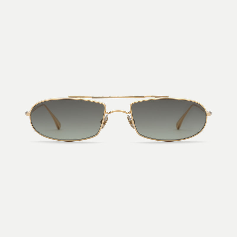 AHLEM Limited Edition: Guérin sunglasses in 22k electroplated champagne metal with rain green lenses, front view.